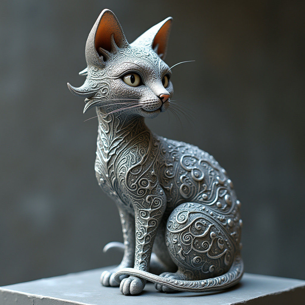 Detailed Silver Cat Statue in Vector Fractal Design