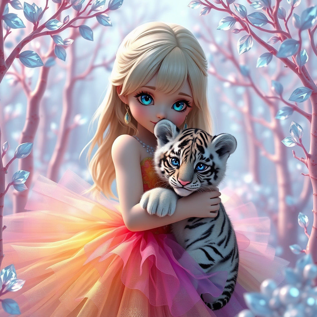 Fantasy Girl with Tiger Cub in Anime Style