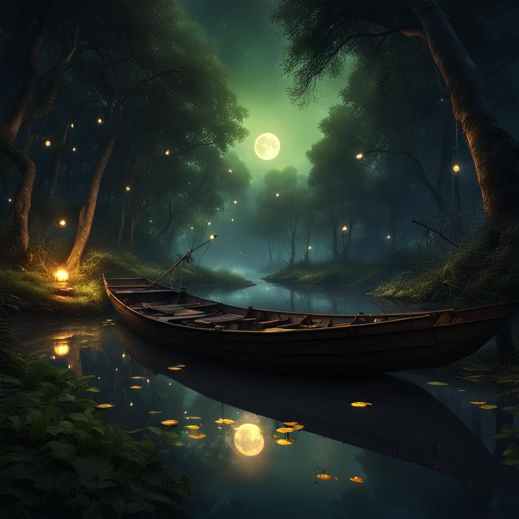 Fireflies Light a Forest River at Night