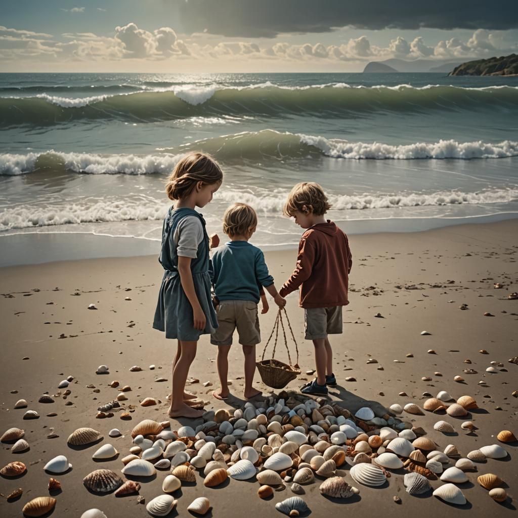 Children Collect Seashells on a Dramatic Beach