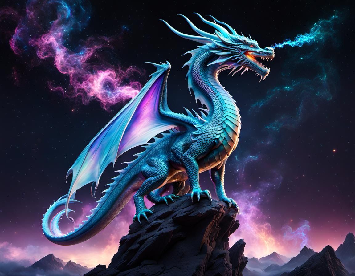 Bioluminescent Dragon Disintegrating into Starlight Galaxy