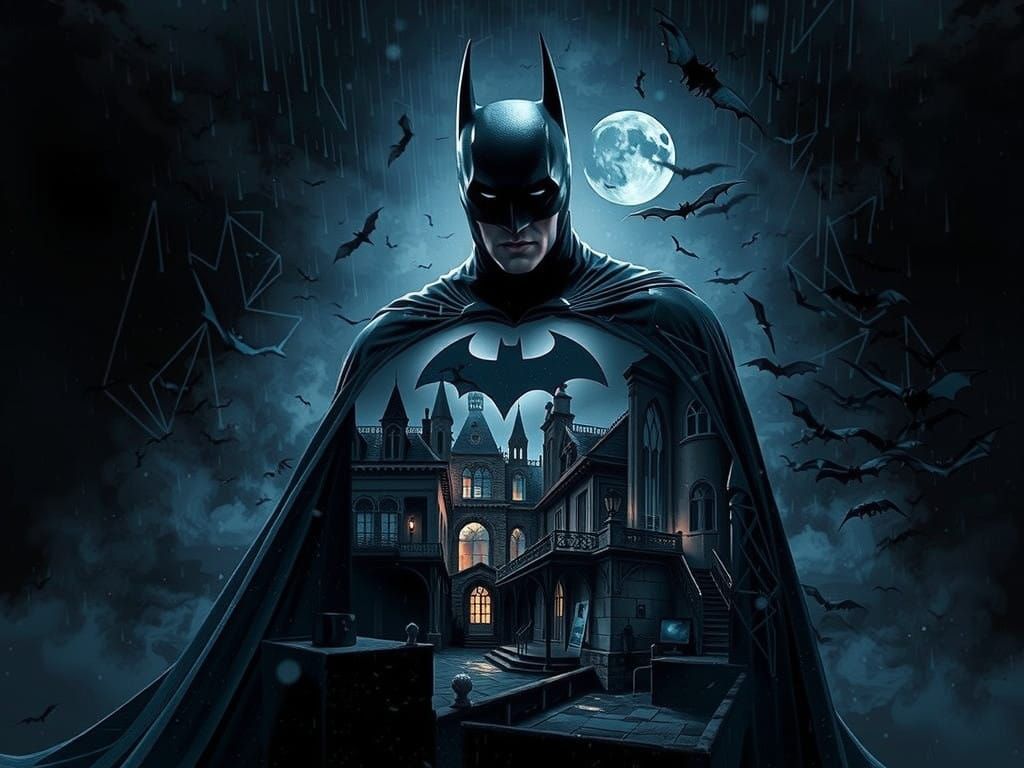 Batman Silhouette in Gotham City at Stormy Night