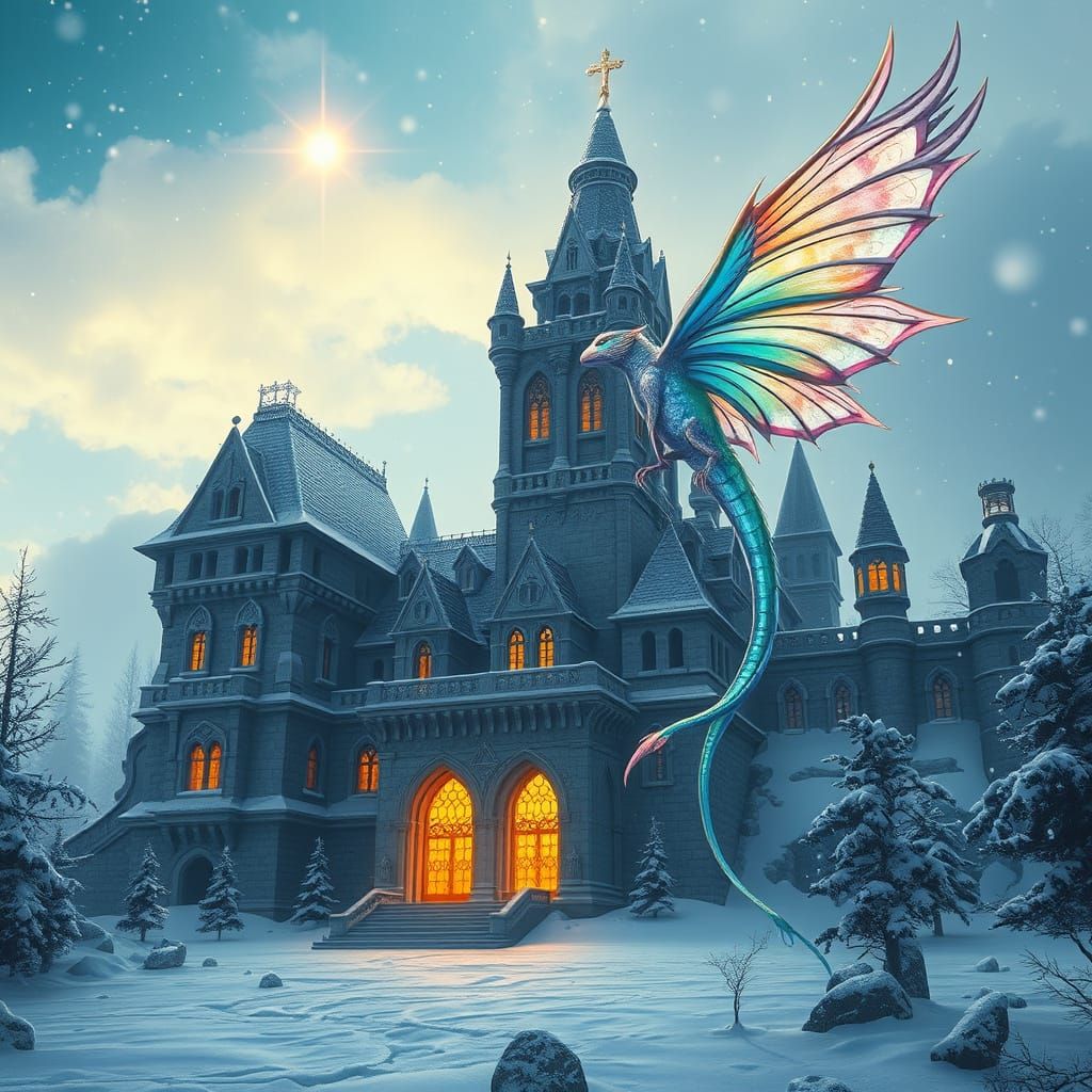 Fantasy Castle Amidst Whimsical World with Majestic Winged C...