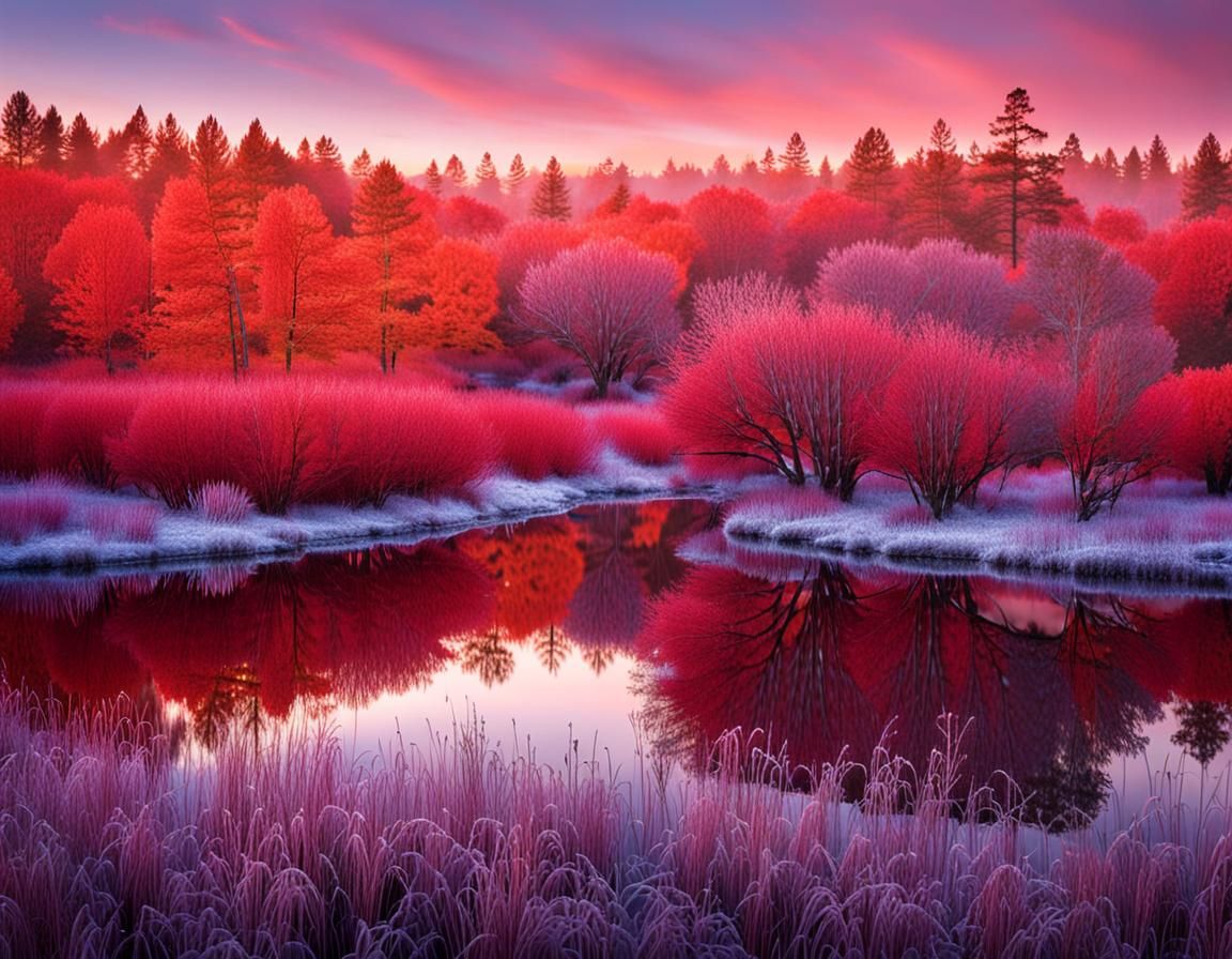 Red Blueberry Bushes at Sunrise: High-Resolution Photography