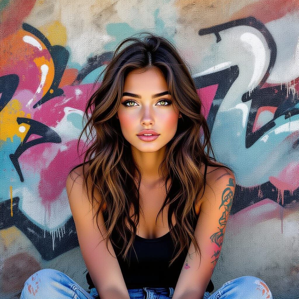 Young Woman Amidst Vibrant Street Art Mural