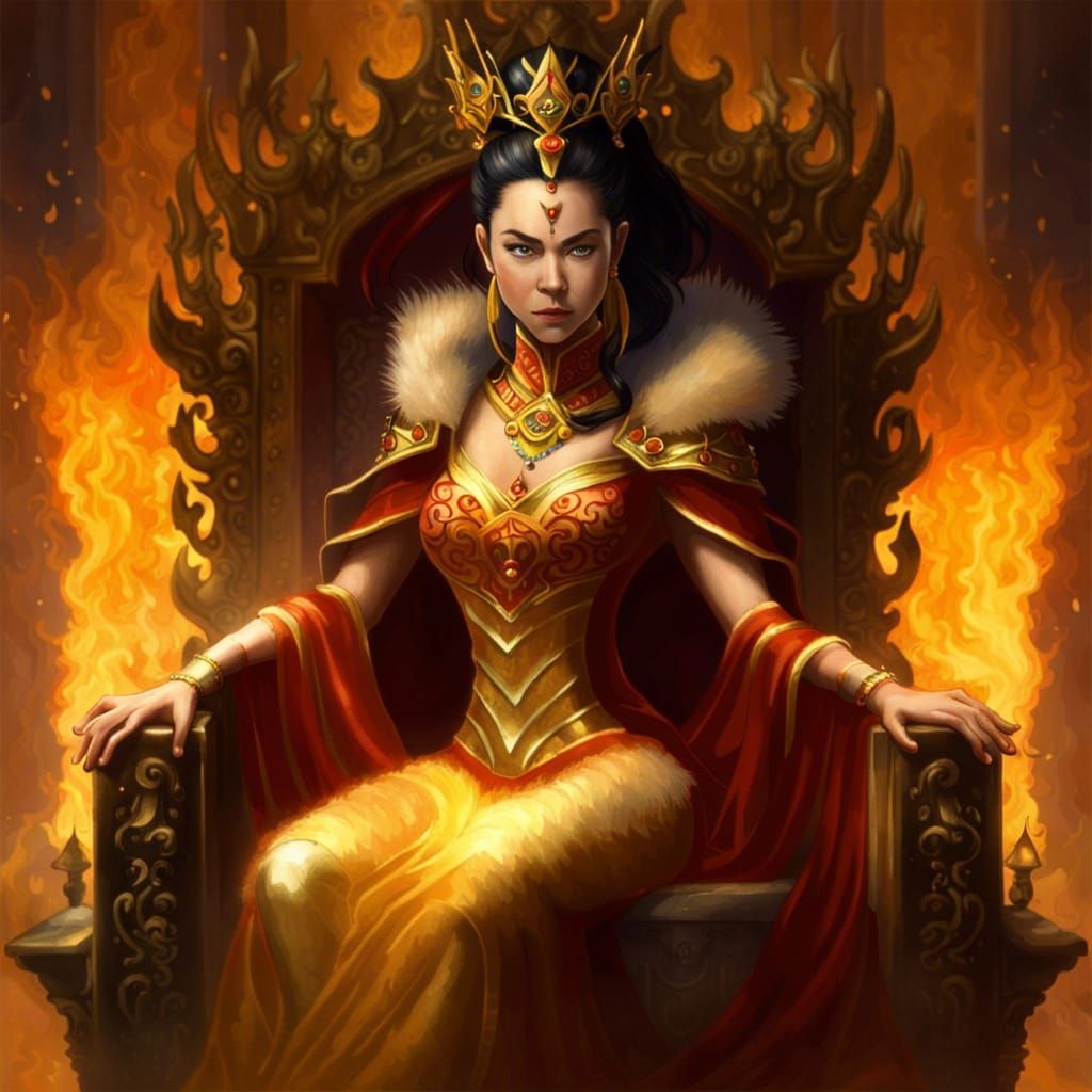 Fire Goddess on Gold Throne in Fantasy Style