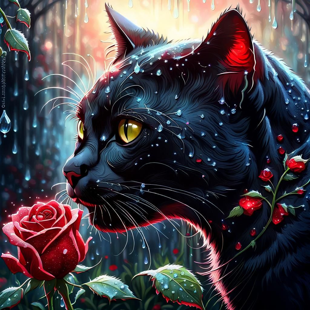 A beautiful (black cat:1.1) sniffs a (red rose:1.2) covered ...