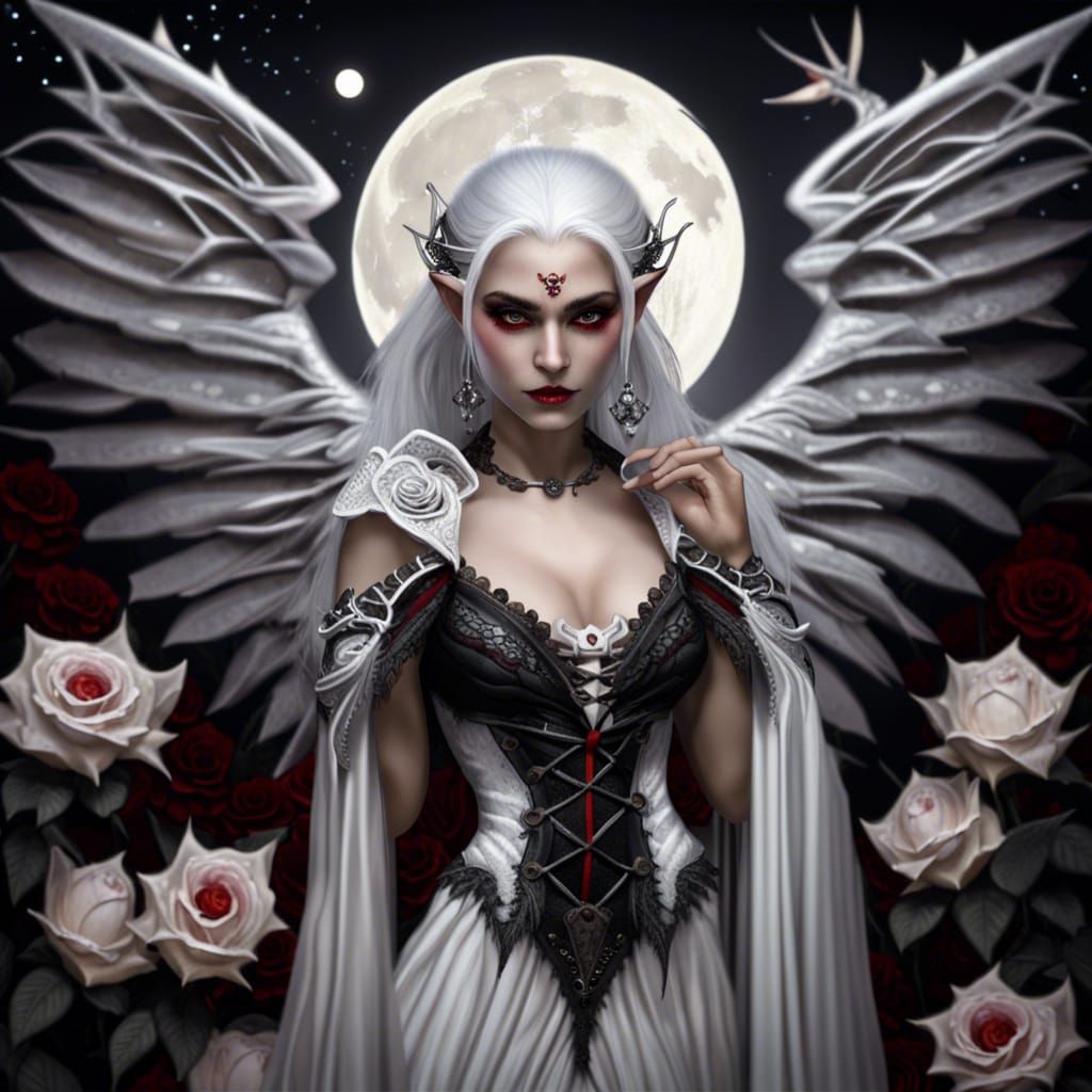 Winged Vampire Elf in Rose Gown: Fantasy Art