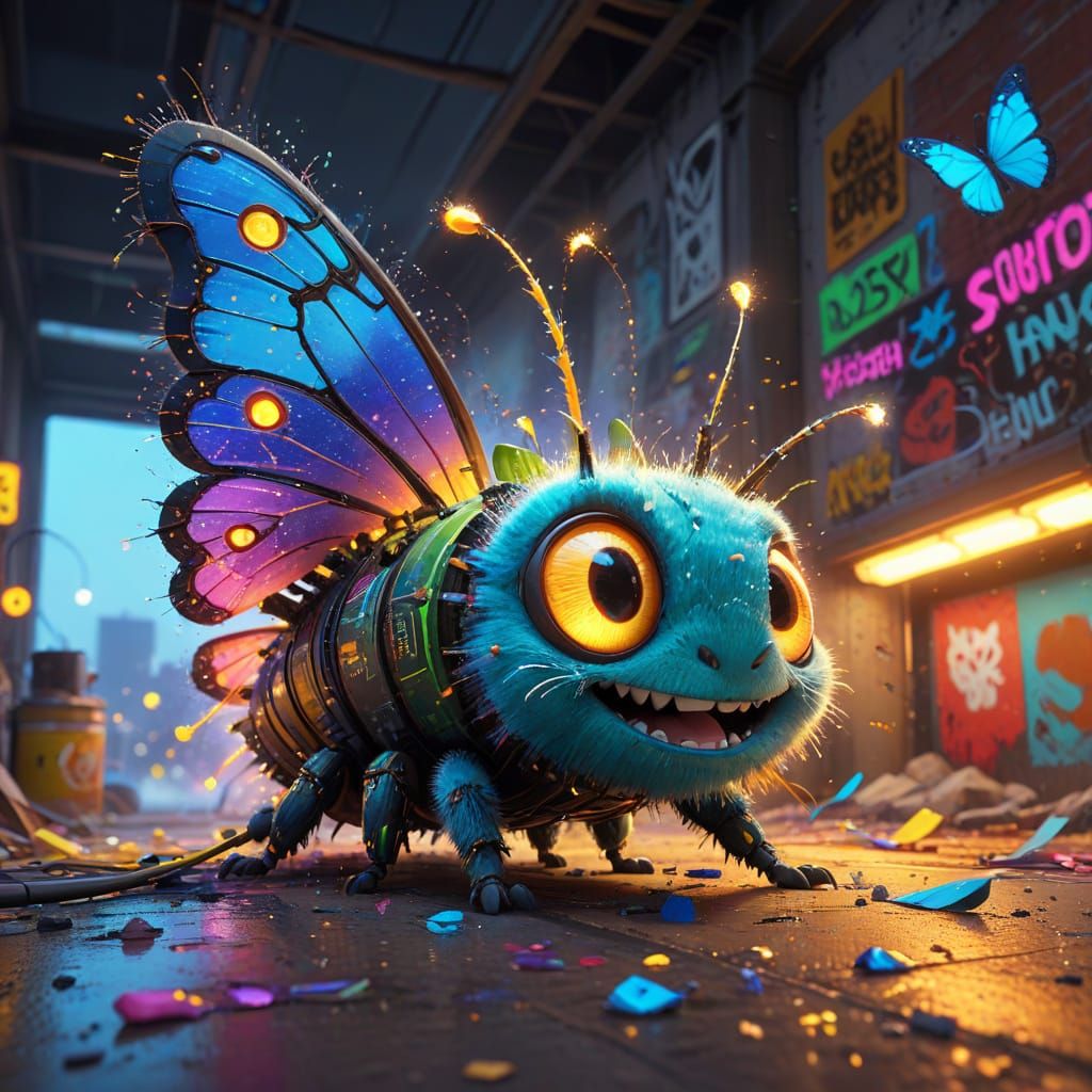 Punk Caterpillar Parade Under Neon Graffiti