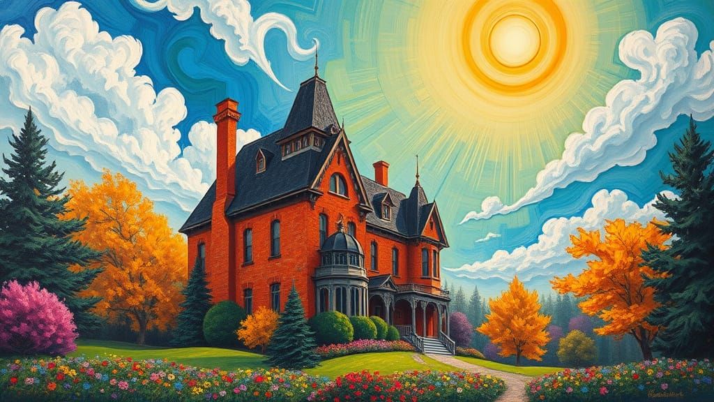 Floating Victorian Chateau in Neo-Impressionist Style