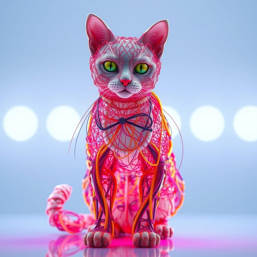 Hyperrealistic Cat Sculpture Made of Multicolored Wires