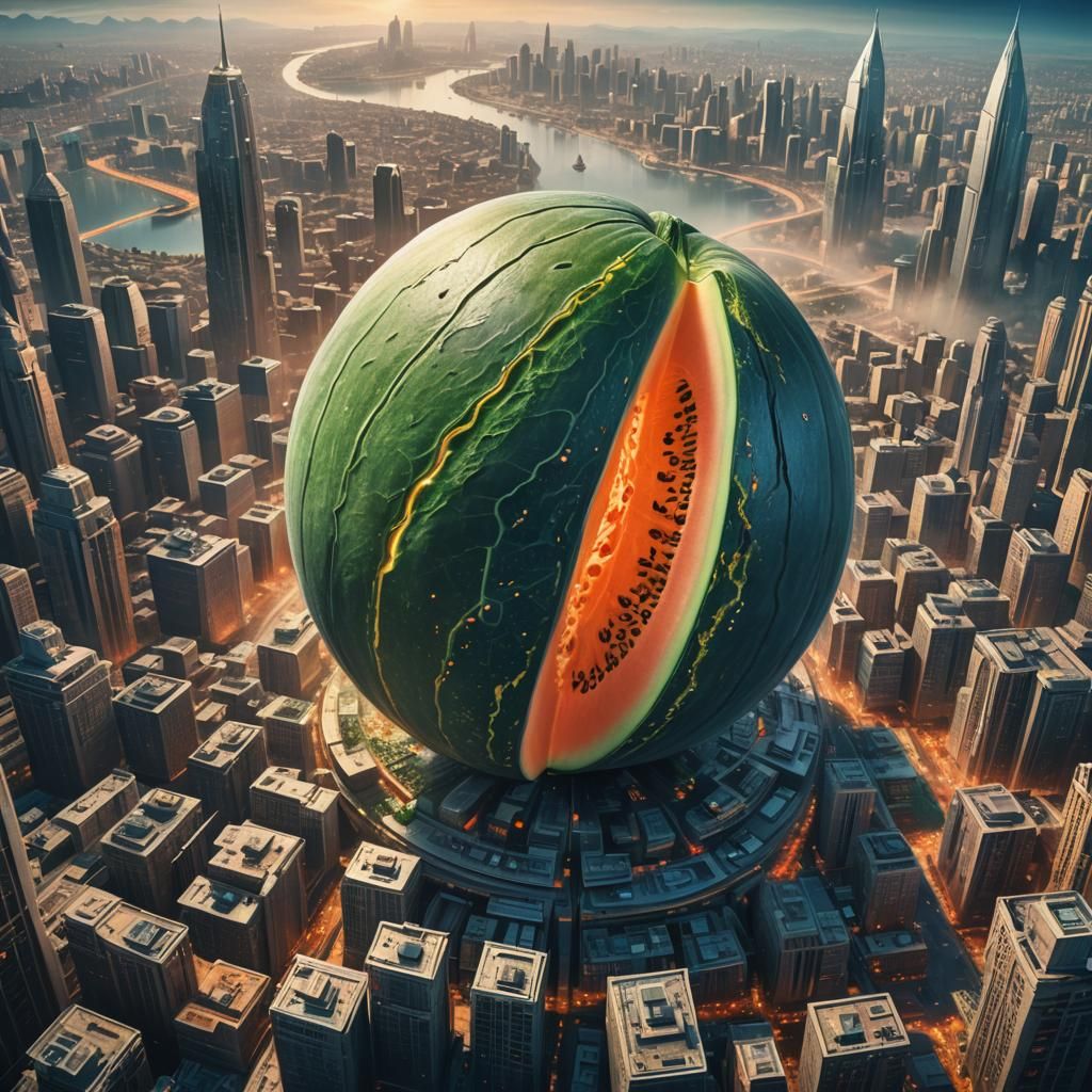 Giant Melon Hovering Over Futuristic City