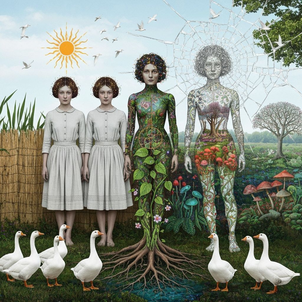 Folkloric Robot with Twins in Surreal Eco-Art Garden