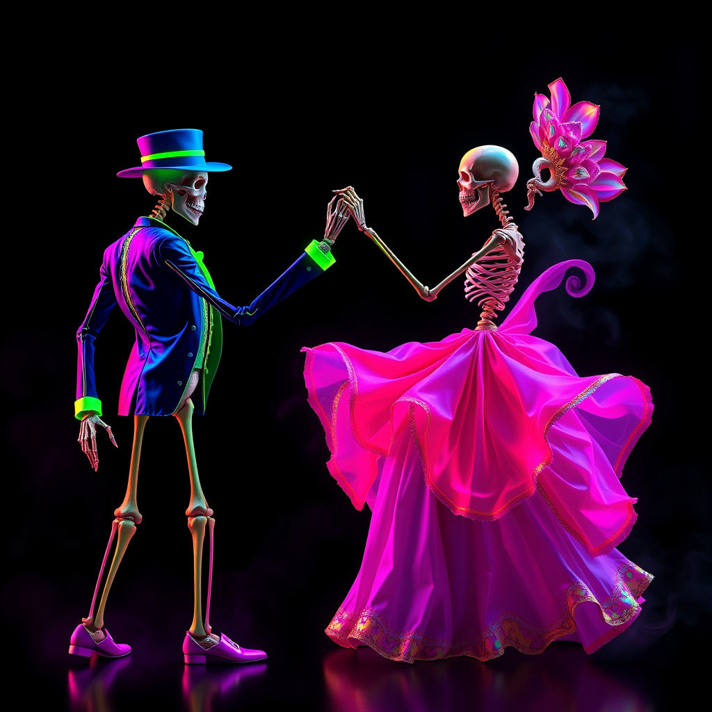 Neon Skeleton Couple Dancing in Ethereal Mist