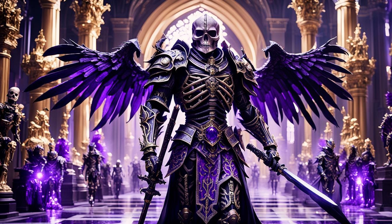 Skeleton Knight with Dragon Wings in Gothic Hallway