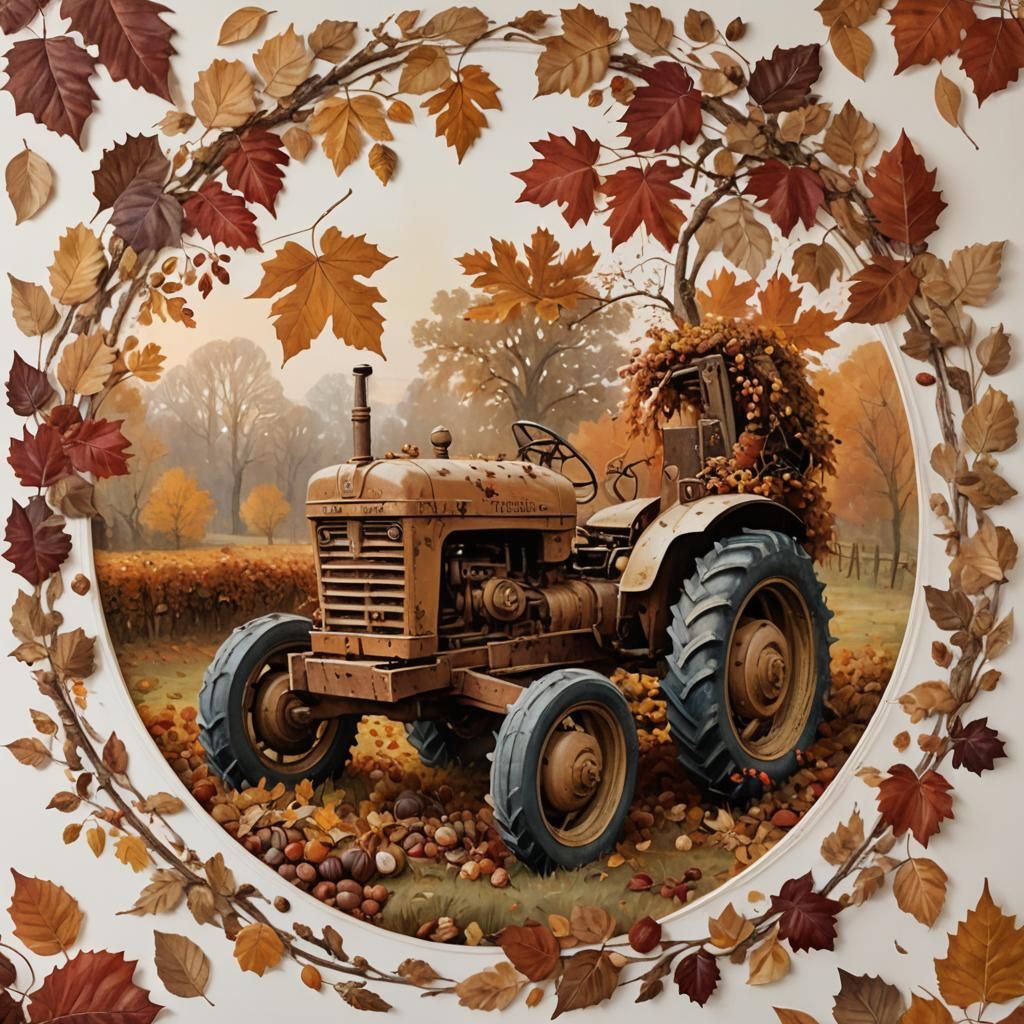 Rustic Tractor in Autumnal Romantic Oil Painting