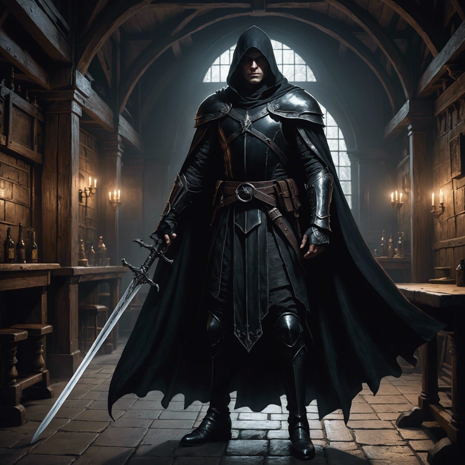 Dark Fantasy Eyeless Swordsman in Tavern, Detailed Digital A...