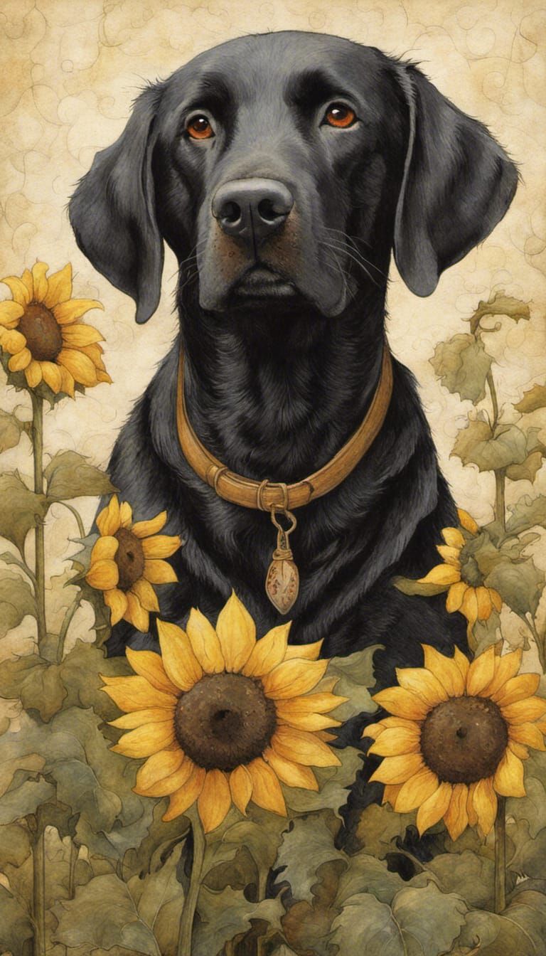 Black labrador in sunflower field