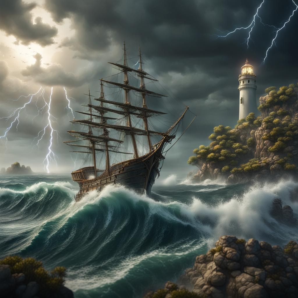 Ship in Storm near Tropical Island: Fantasy Concept Art