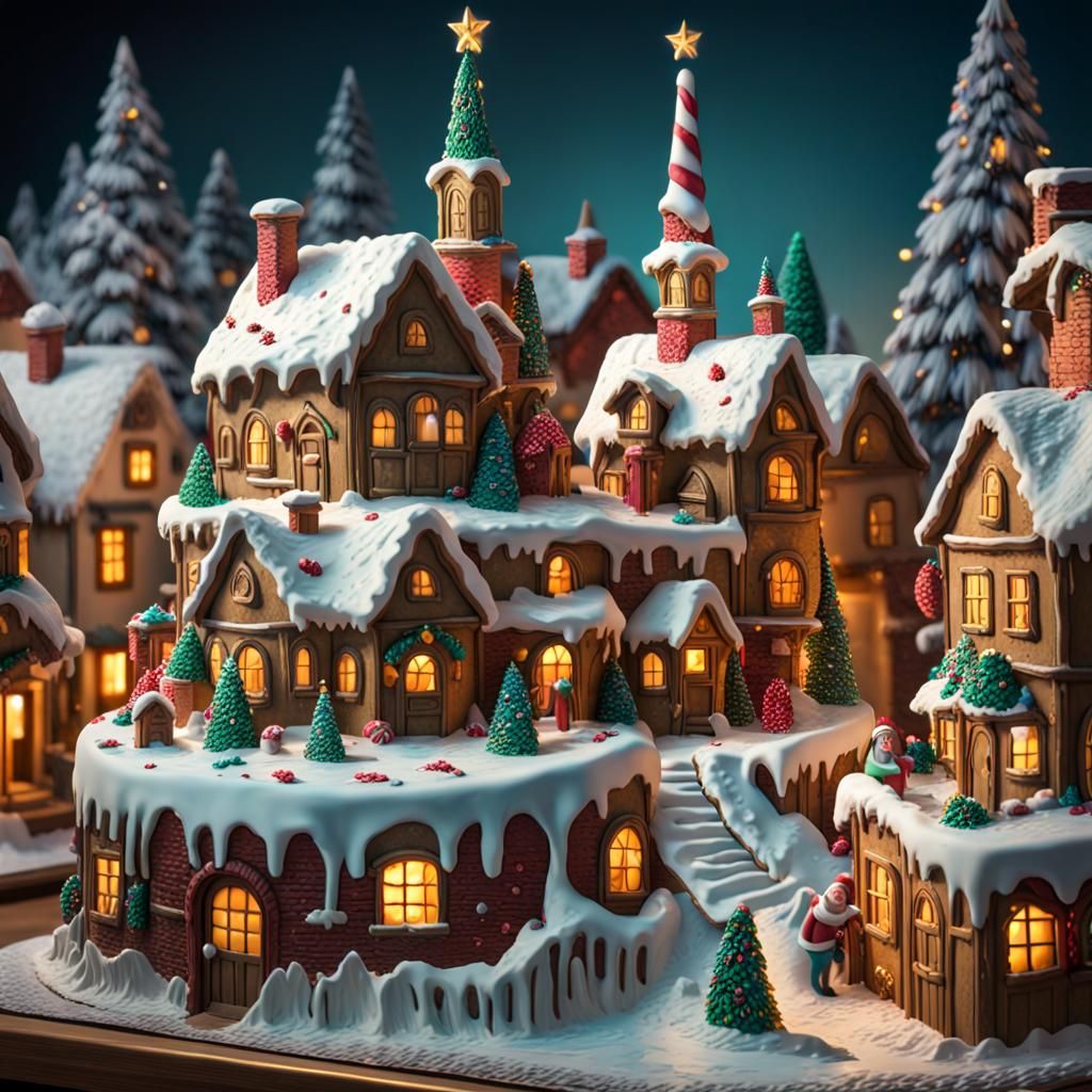 Intricate Christmas Village Cake Sculpture in Splash Art