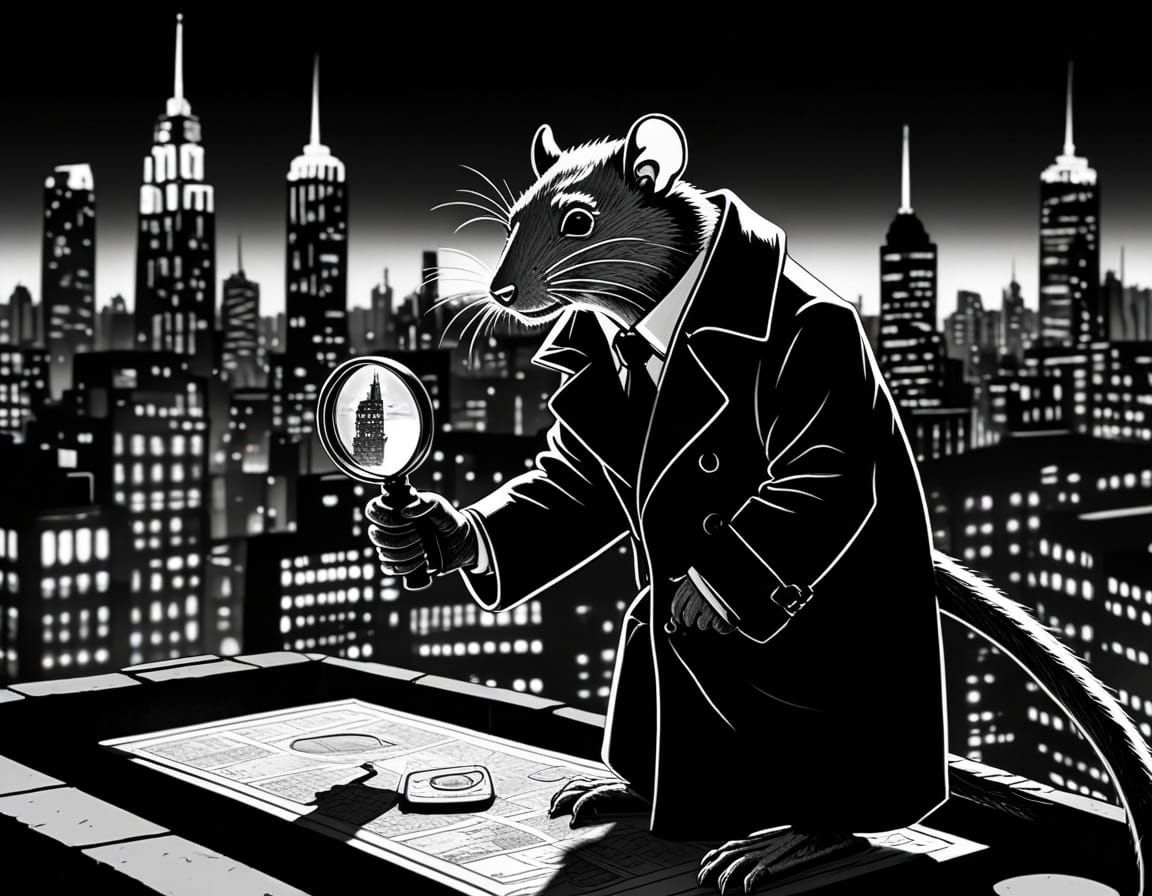 Rat Detective on Rooftop in Retrofuturist Cityscape