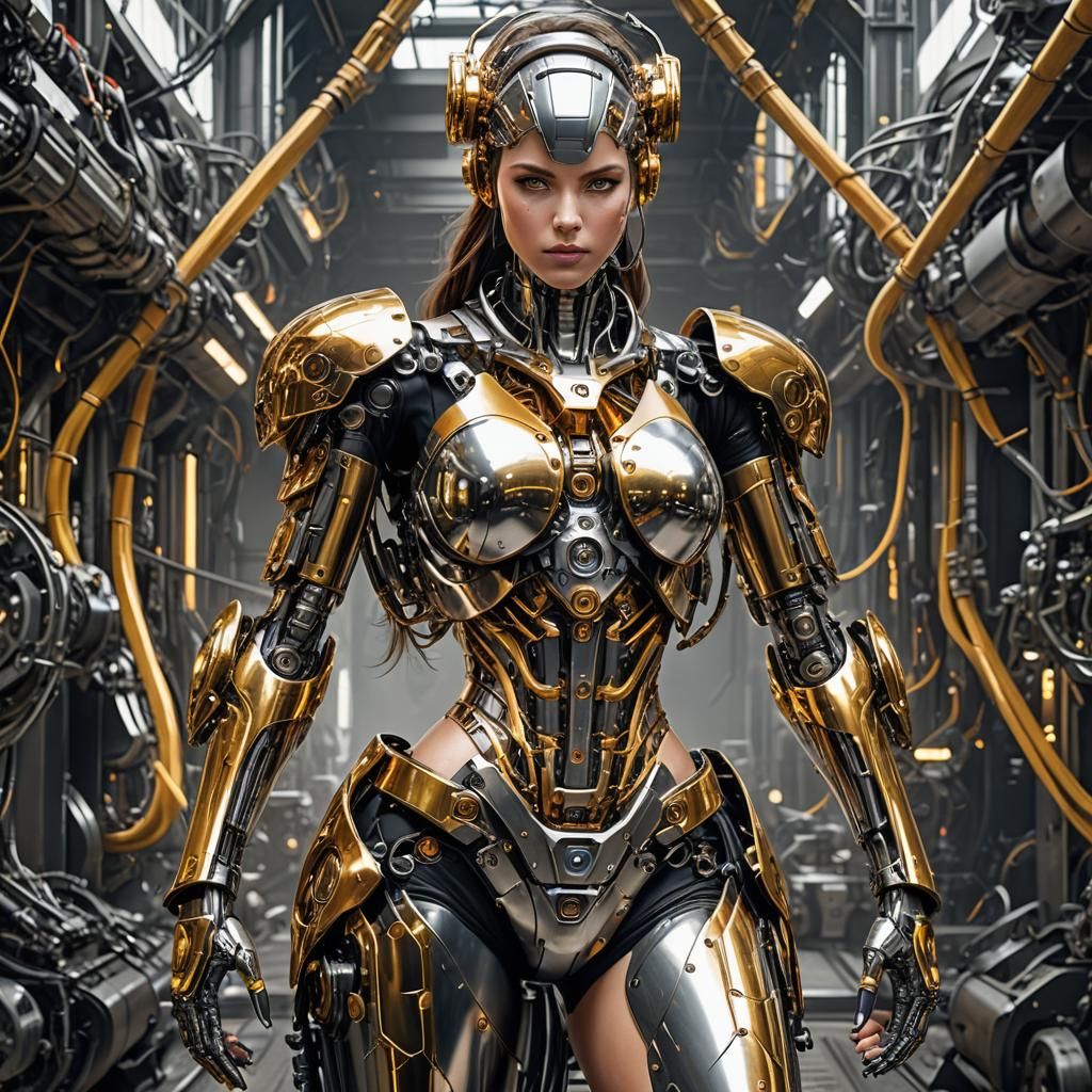 Golden Cyborg Woman in Cyberpunk Style