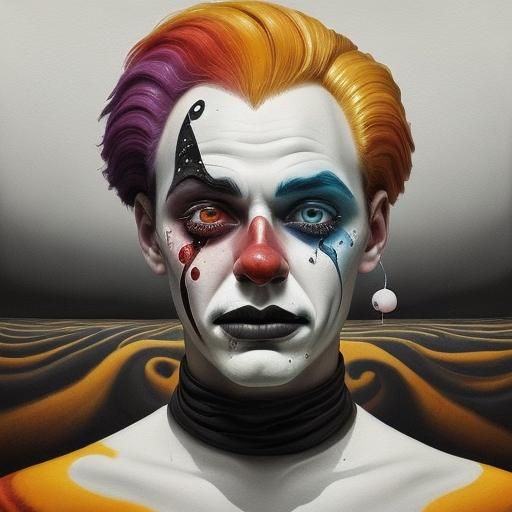 Moody Watercolour Portrait of a Painted-On Smiling Male Clow...