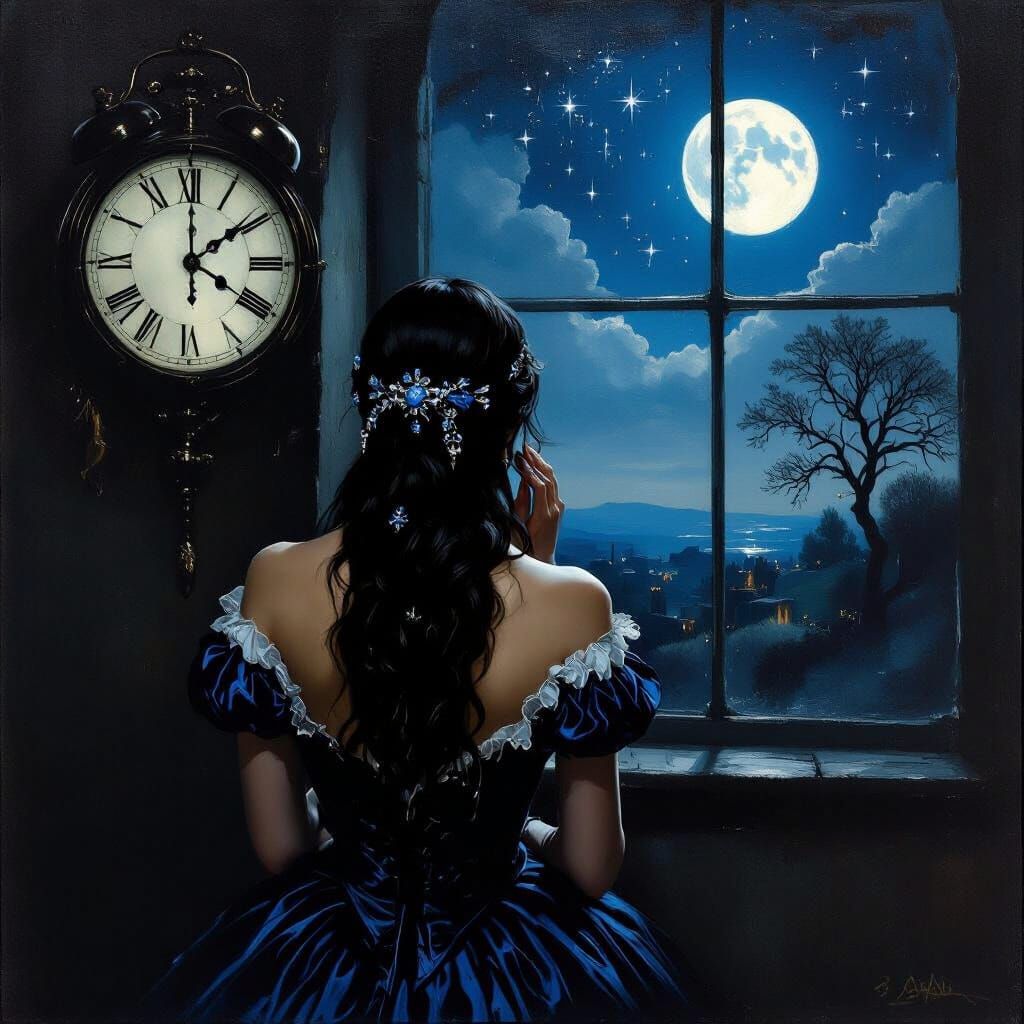Melancholic Woman in Blue Dress Gazes at Clock
