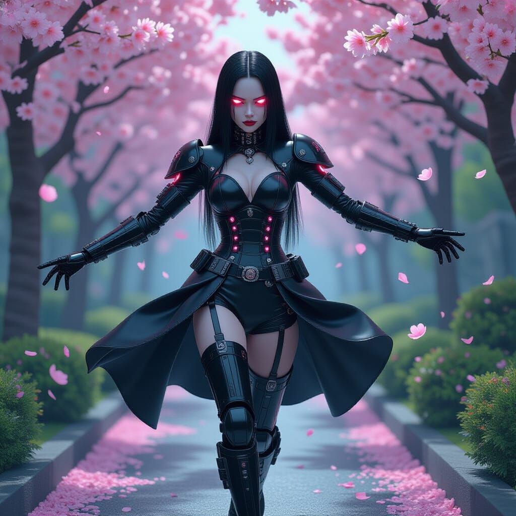 Cyborg Wednesday Dances in Futuristic Cherry Garden