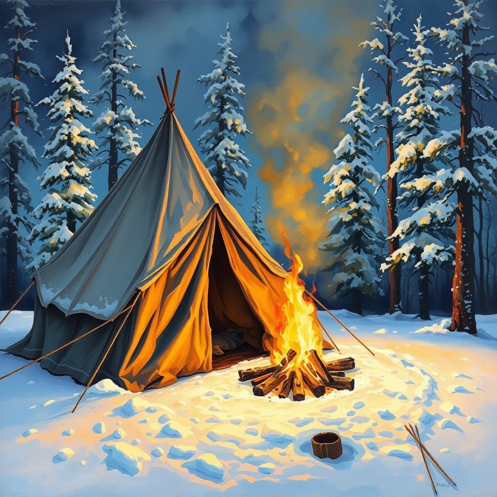Winter Campfire Scene in Gouache Impressionism