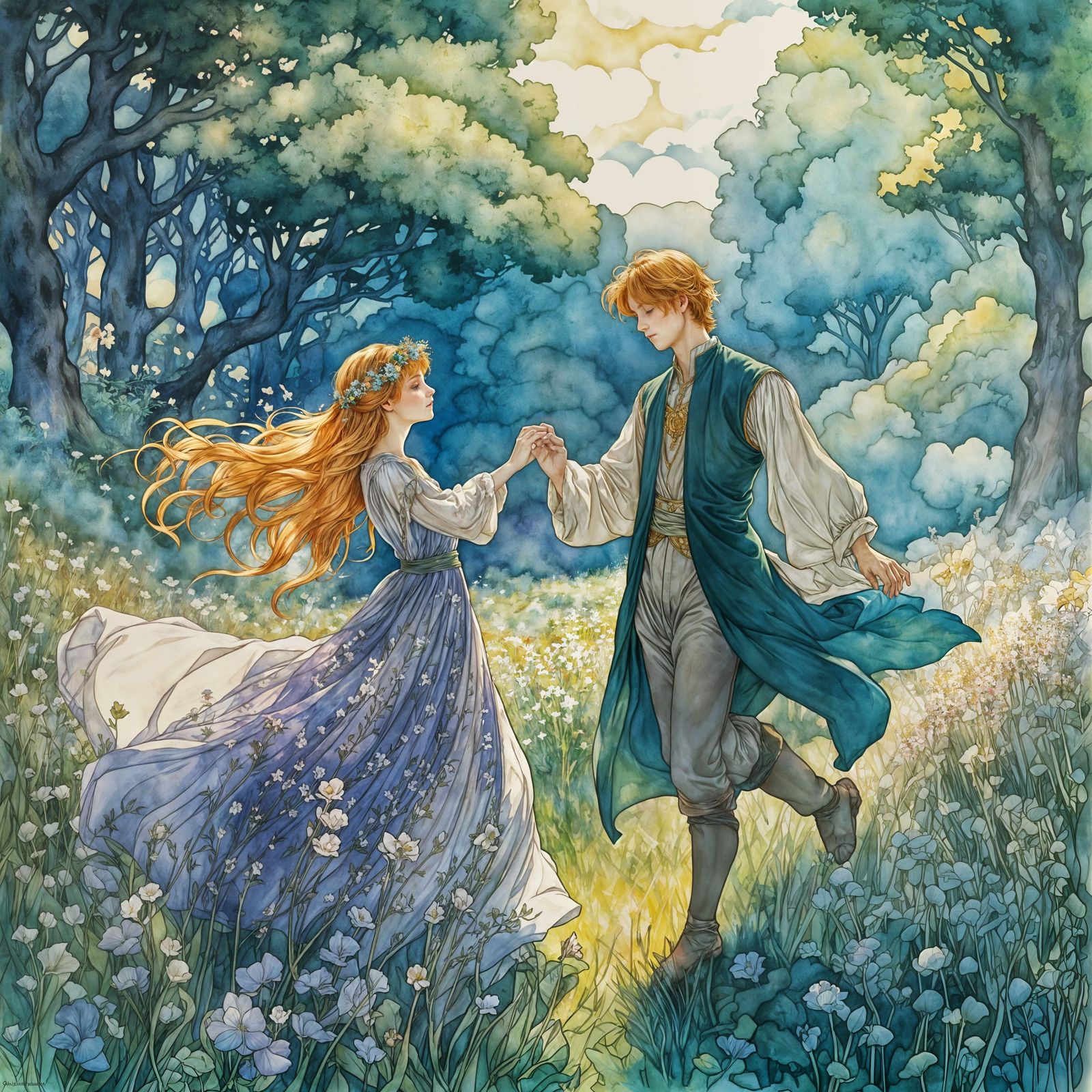 Fantasy Princess and Prince Dancing in a Meadow