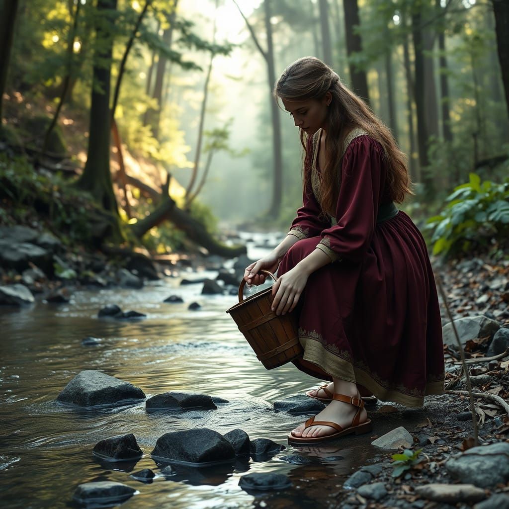 Young Woman Collects Water in a Serene Forest Scene