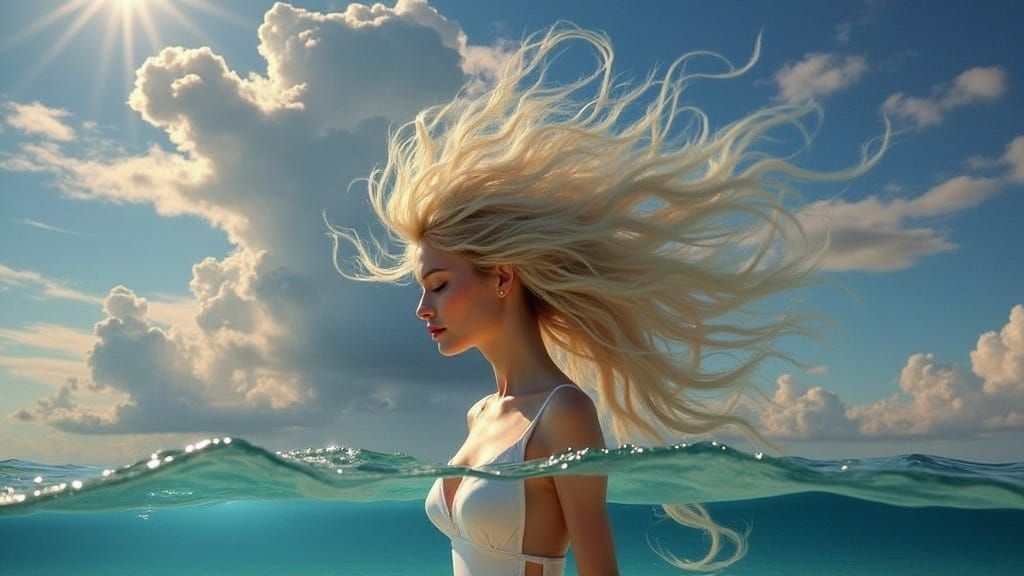 Serene Woman in White Dress Underwater Amidst Stormy Seas