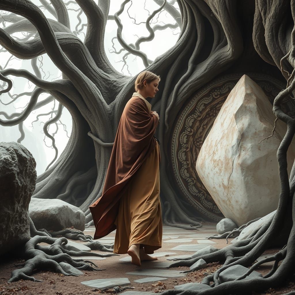 Mystical Wanderer in an Enchanted Stone Landscape
