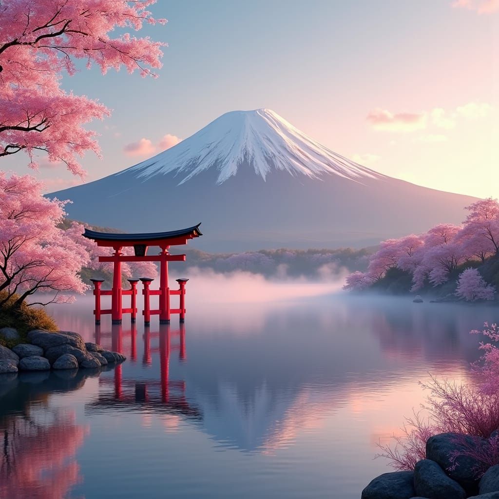 Mt. Fuji Sunset with Cherry Blossoms