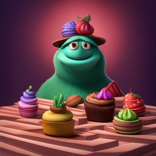 Hyperrealistic Scary Cotton Ball Cupcake Muppet in 3D