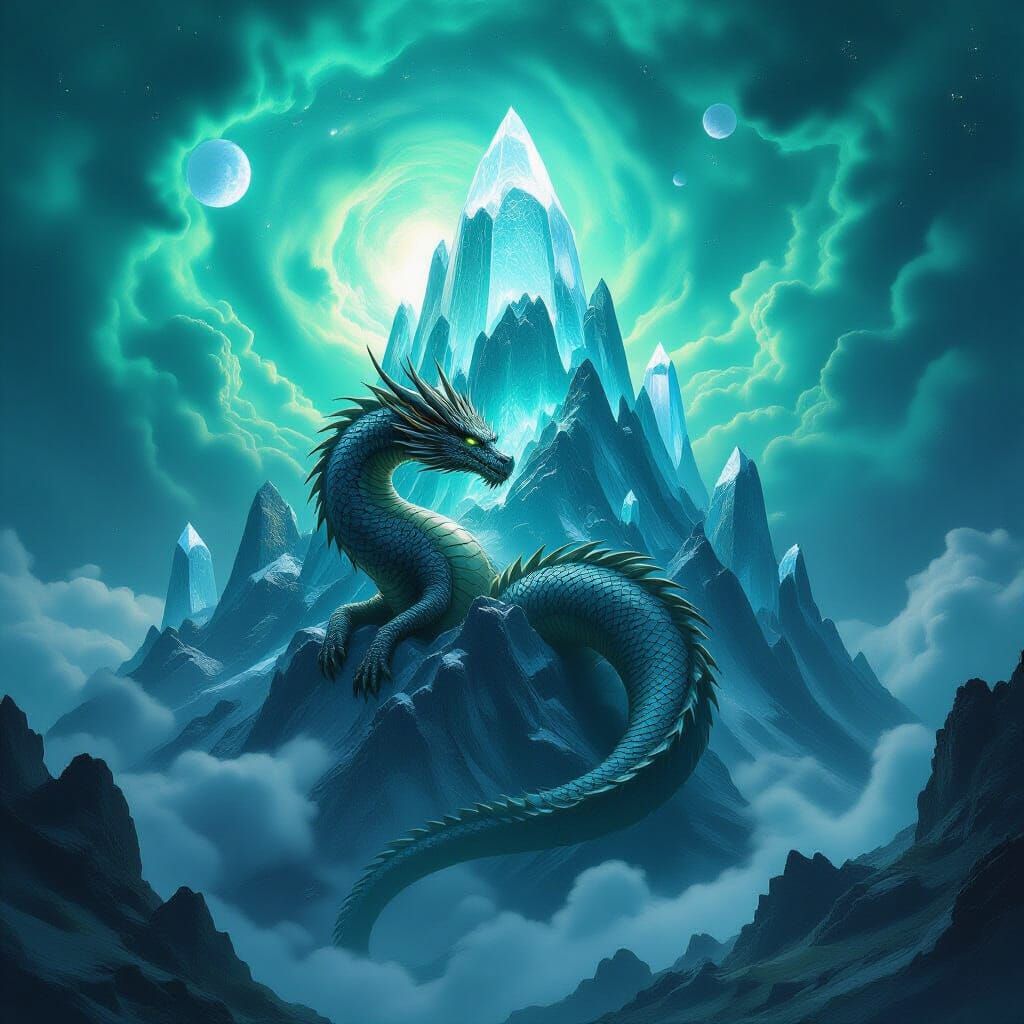Ancient Dragon Coiled Around Crystal Peak in Nebula Sky