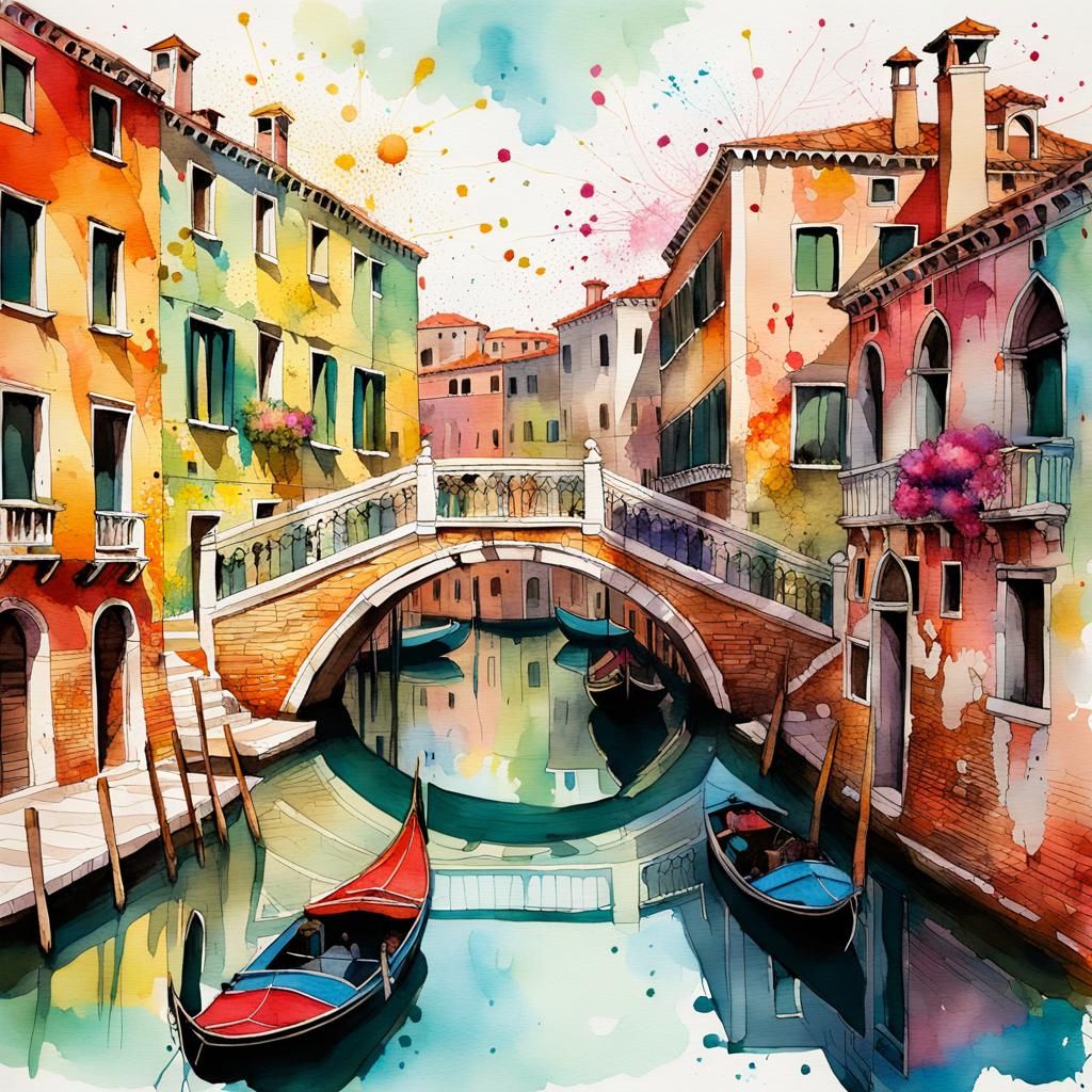 Venice Canals in Whimsical Watercolor Ink Illustration
