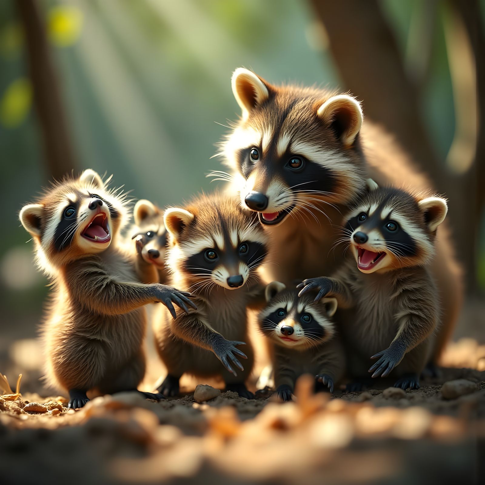 Smiling Raccoon Family Playing Around Tree