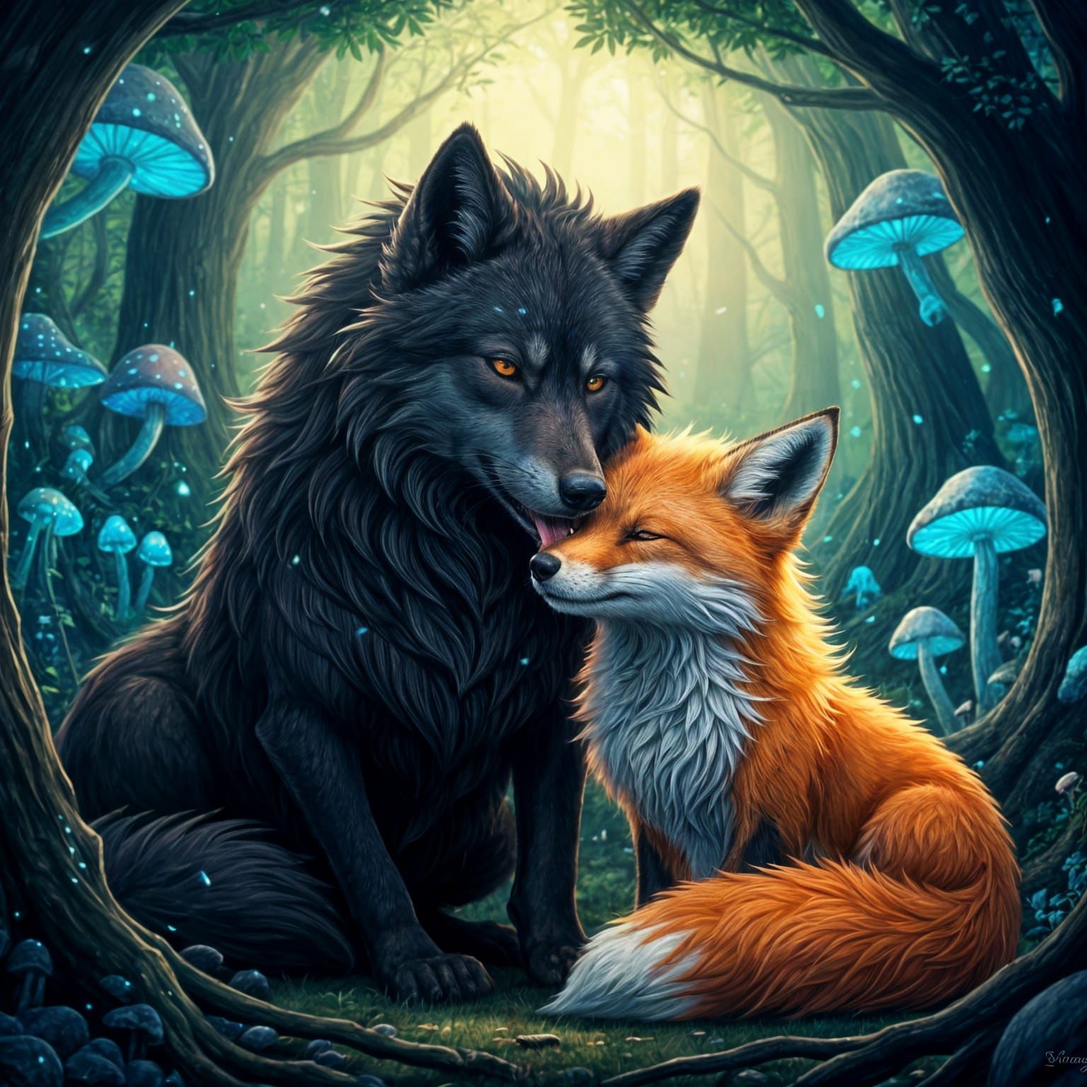 Whimsical Wolf and Fox Encounter in a Glowing Forest
