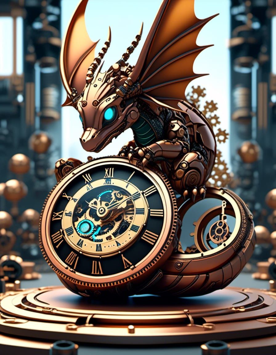 Animated Anime Chibi cute clockwork copper dragon made of cl...