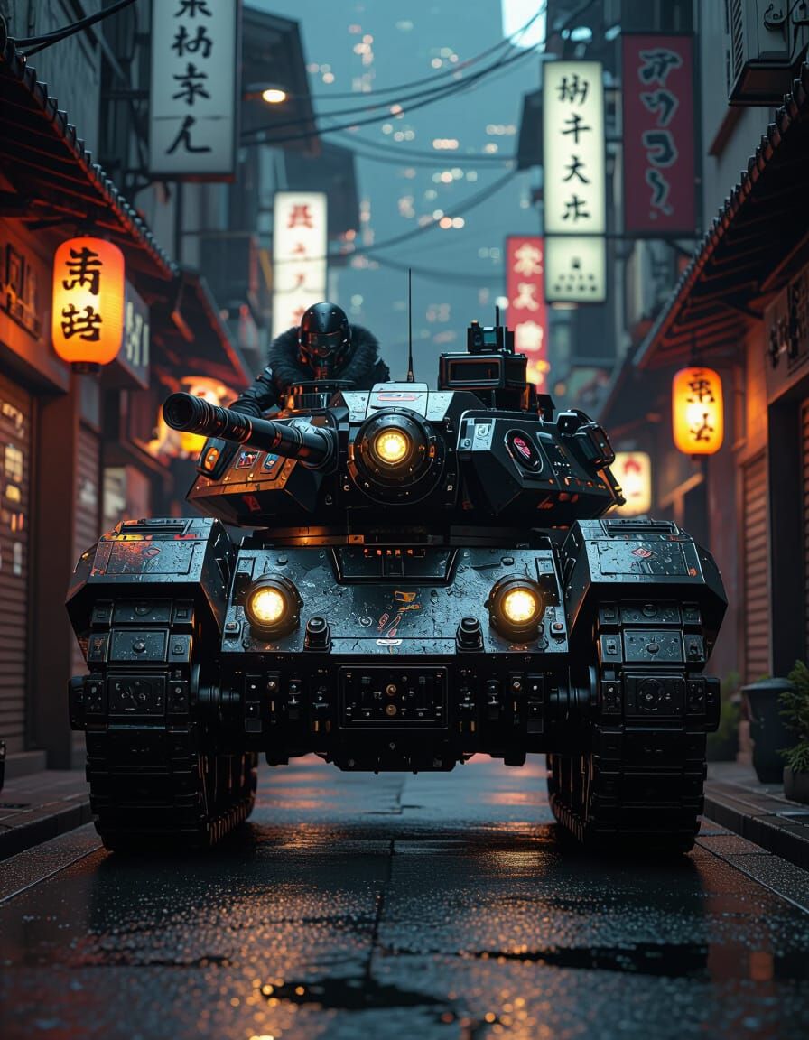 Futuristic Military Tank in Japan City, Hyper-Realistic Styl...