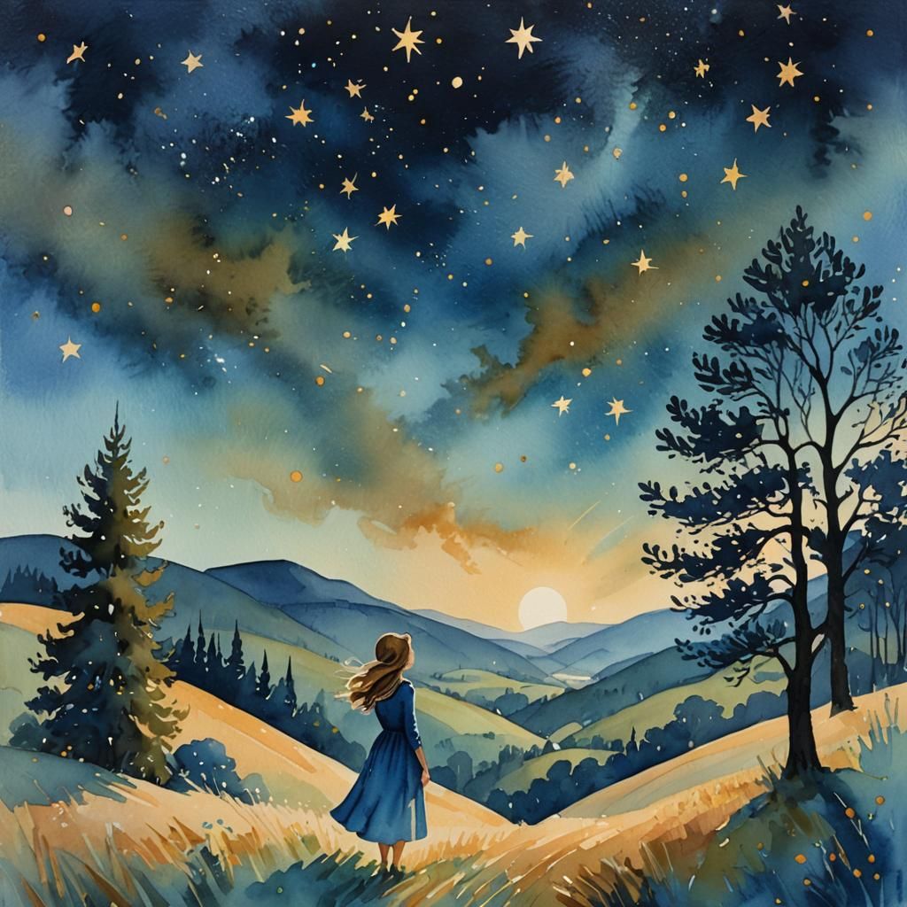 Whimsical Girl Under Starry Night Sky as Watercolor