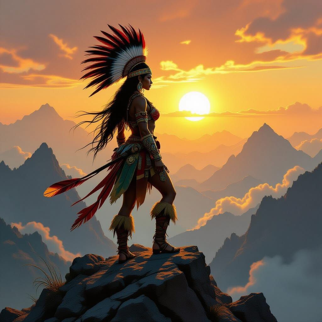 Majestic Amazonian Warrior Gazes at Sunrise on Mountain Peak