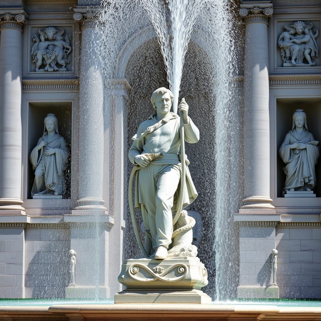 Marble Statue of Fireman in Fountain