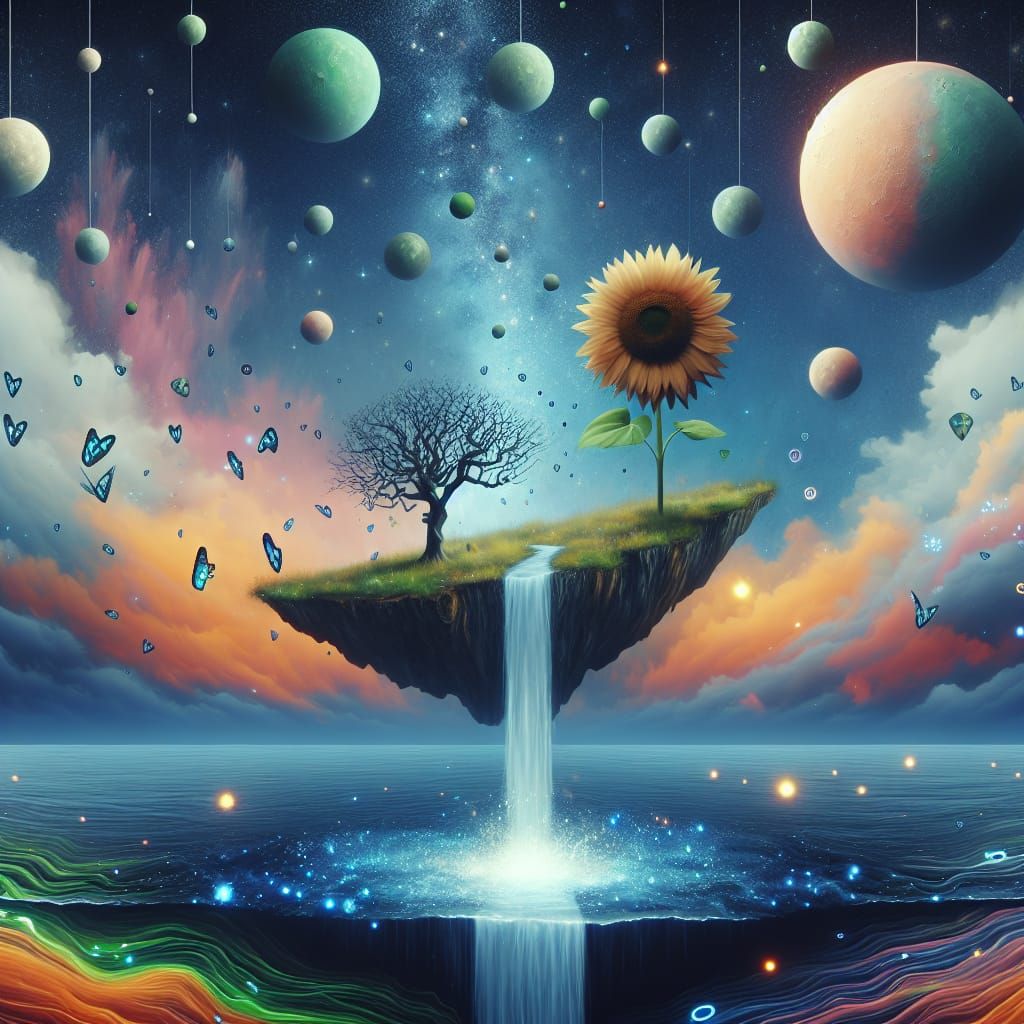 Surreal Floating Island with Bioluminescent Sea