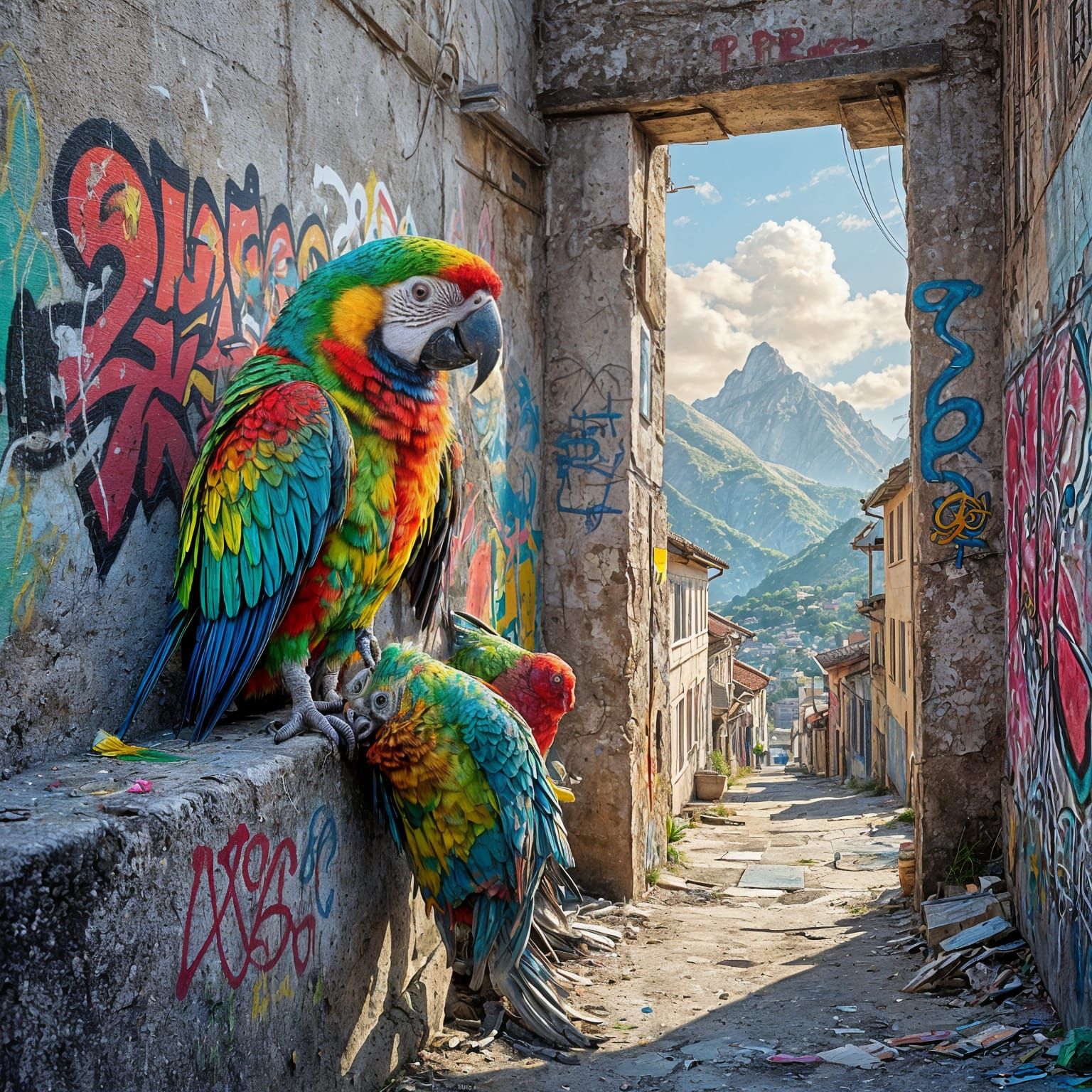 Surreal Parrot Perched on Graffiti Wall