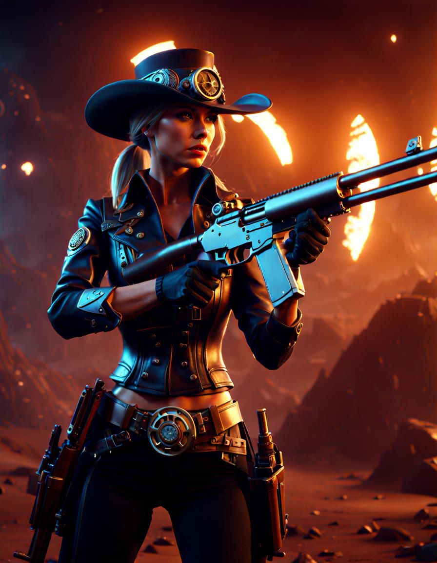 Steampunk Cowgirl Shoots Rifle in Sci-Fi Style