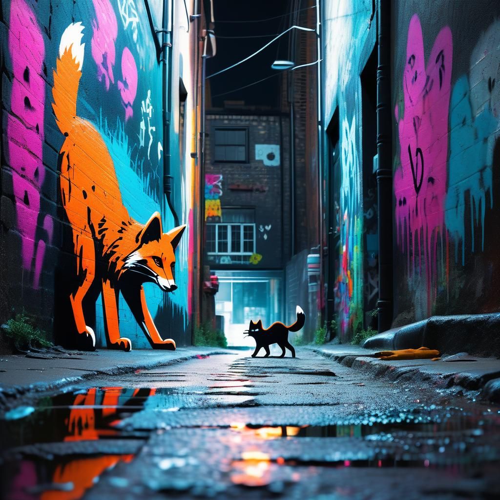 Fox and Cat Face-Off in Street Art Style