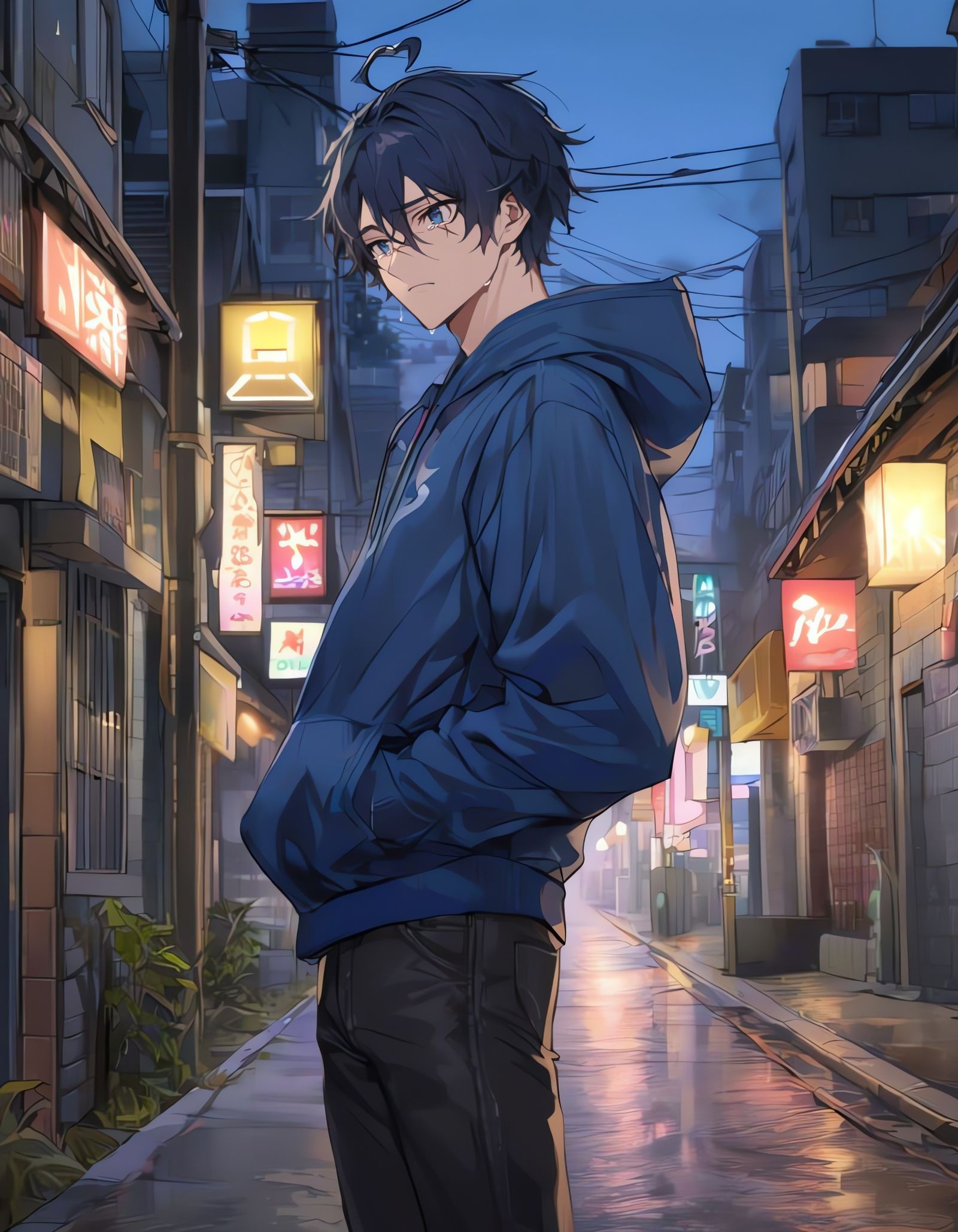 Sad Bishounen in Cityscape at Night